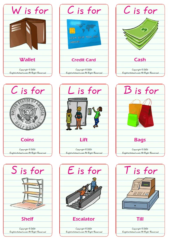Shopping vocabulary worksheet with words, nine images per page
