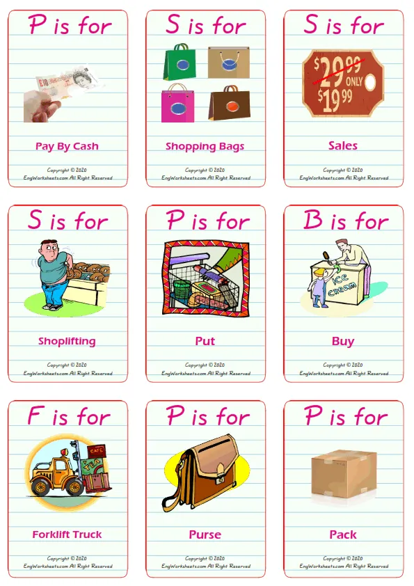 Shopping vocabulary worksheet with words, nine images per page Worksheet Preview