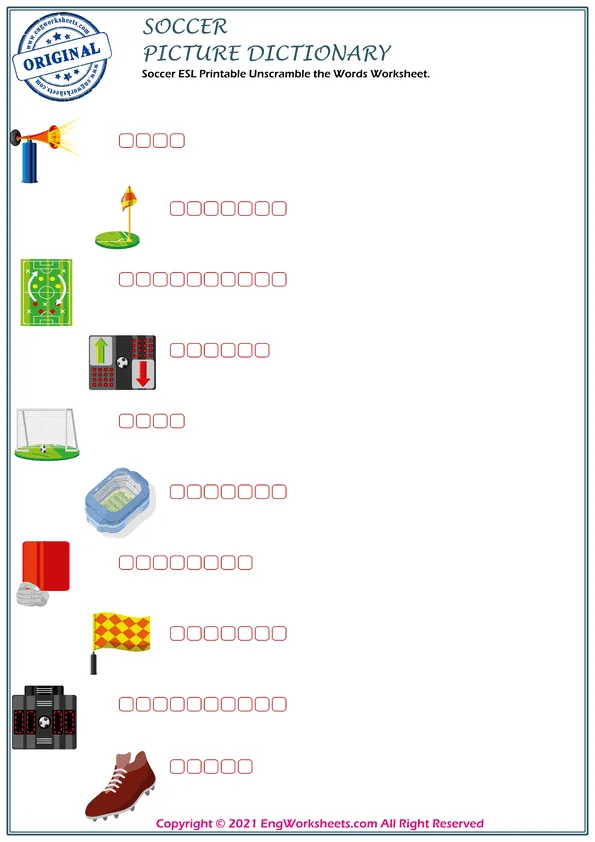 Soccer ESL Printable Picture Dictionary For Kids. Draw And Match The Words And Pictures. Worksheet Preview