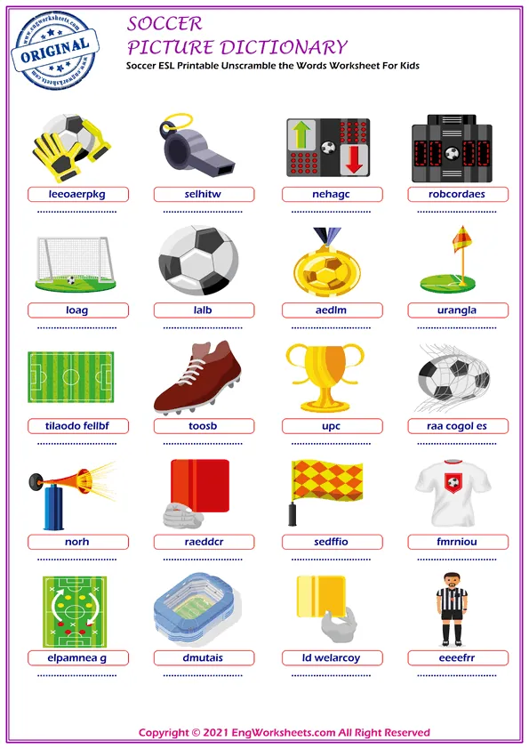 Soccer ESL Printable Picture Dictionary For Kids. Write the Words in the Word Bank in the Correct Place in the Word List. Worksheet Preview