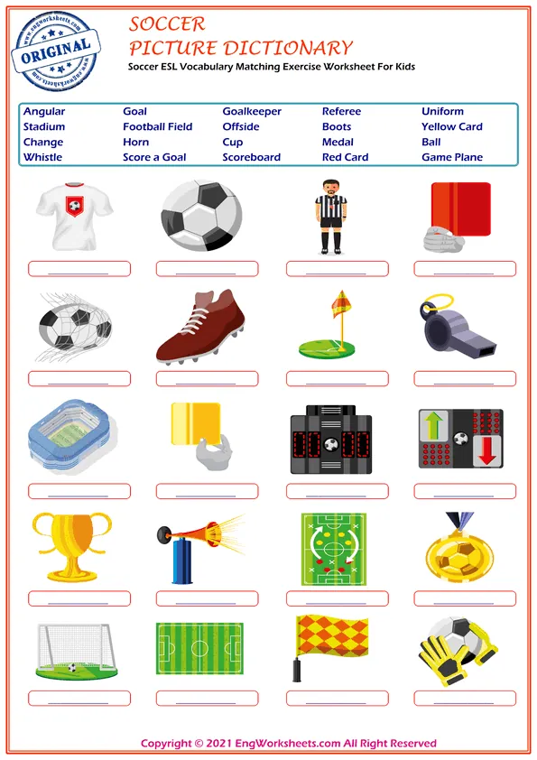 Soccer English vocabulary worksheet with full-page words Worksheet Preview