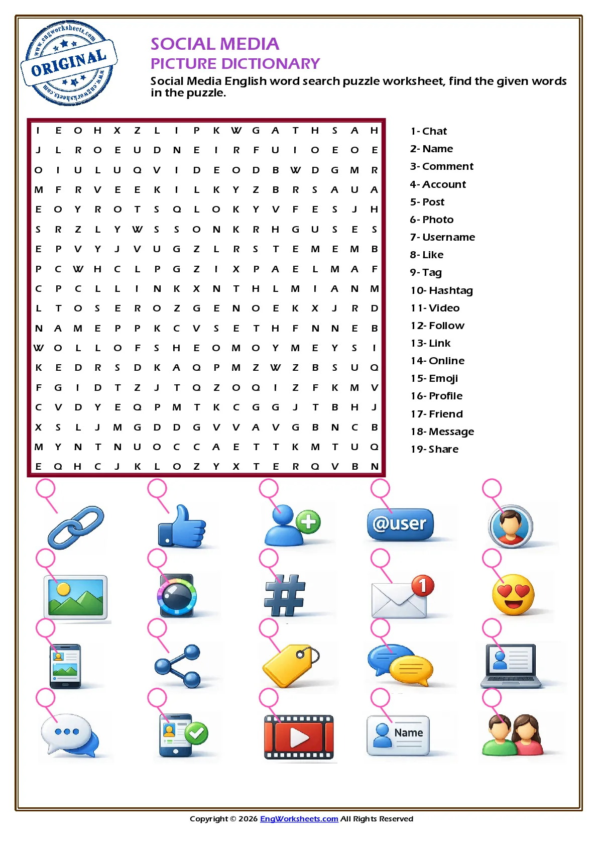 Social Media English word search puzzle worksheet, find the given words in the puzzle. Worksheet Preview