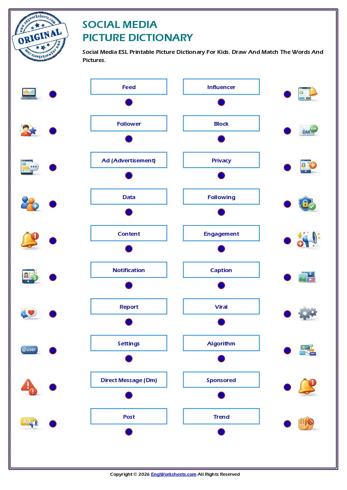 Social Media ESL Printable Picture Dictionary For Kids. Draw And Match The Words And Pictures. Worksheet Preview