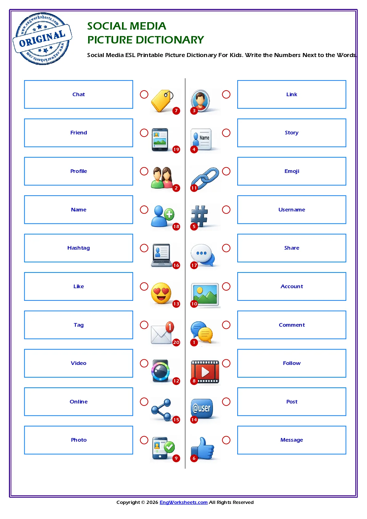 Social Media ESL Printable Picture Dictionary For Kids. Write the Numbers Next to the Words. Worksheet Preview