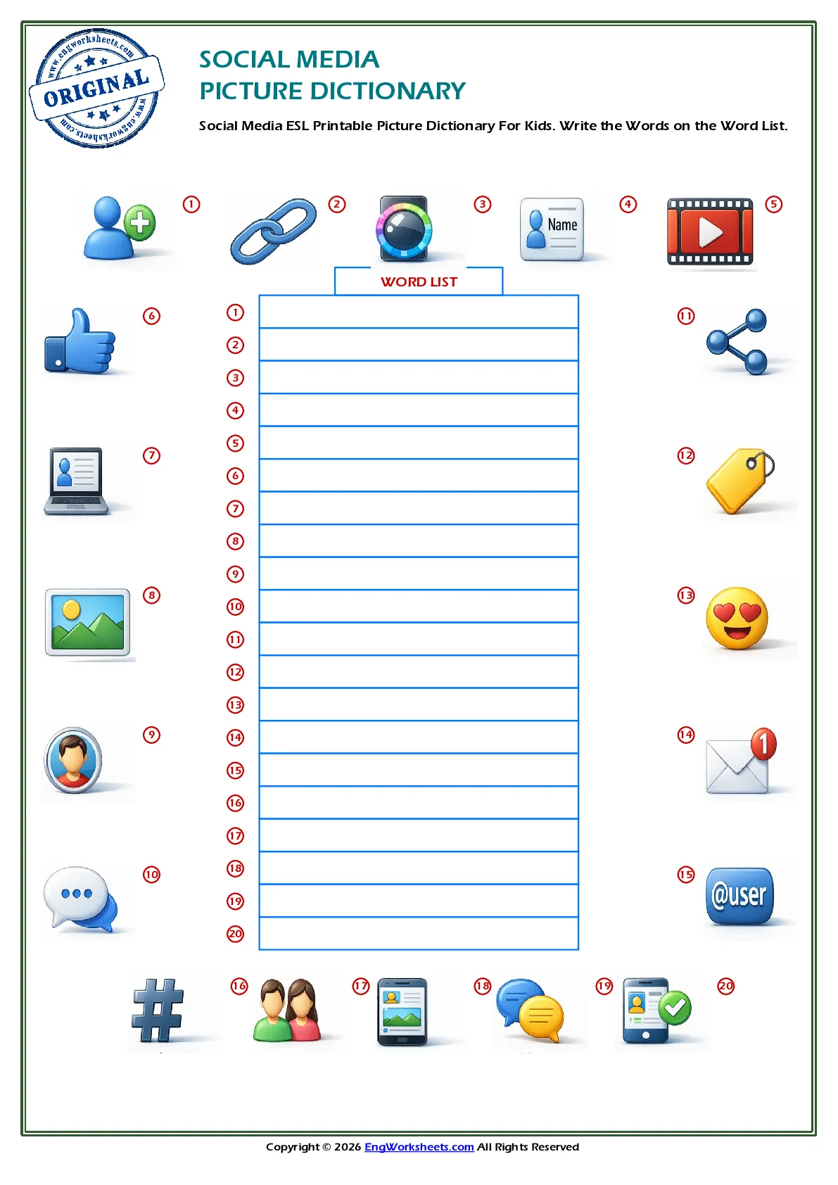 Social Media ESL Printable Picture Dictionary For Kids. Write the Words on the Word List. Worksheet Preview