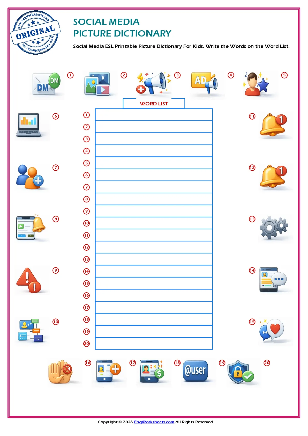 Social Media ESL Printable Picture Dictionary For Kids. Write the Words on the Word List. Worksheet Preview