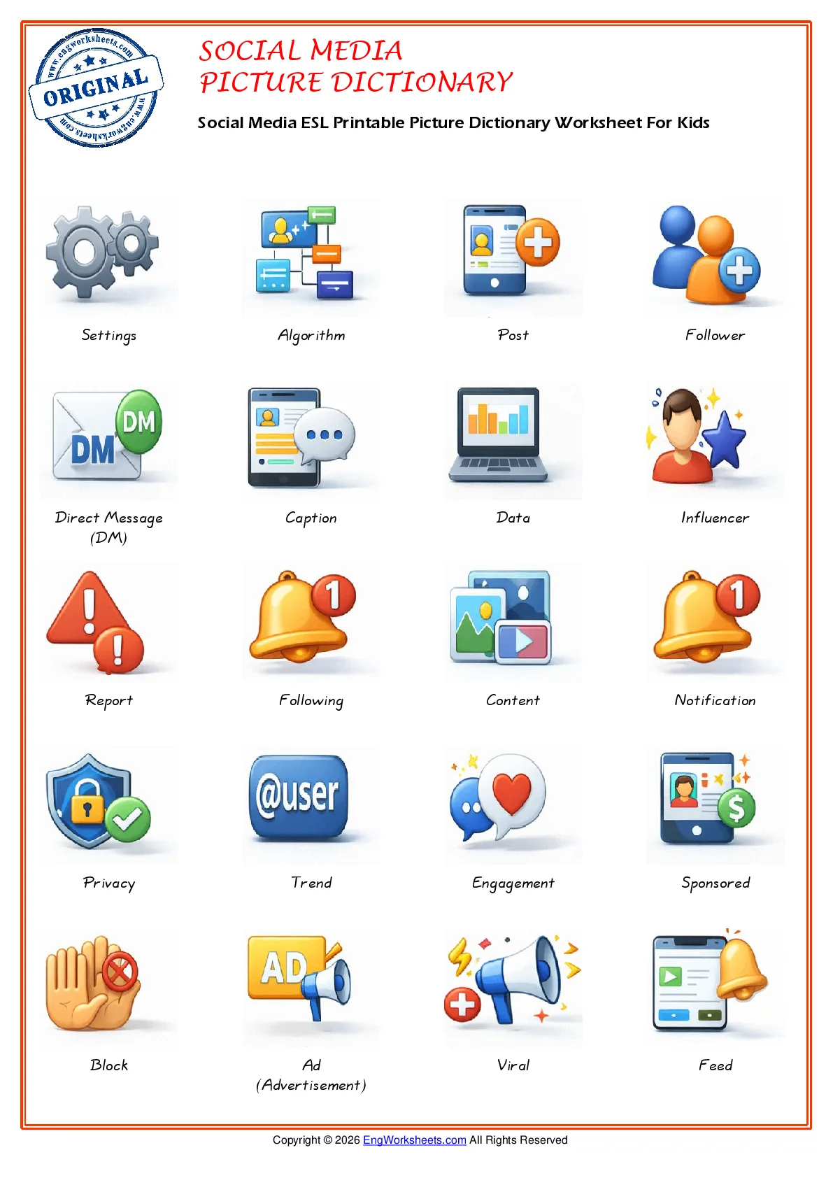 Social Media ESL Printable Picture Dictionary Worksheet For Kids Worksheet Preview