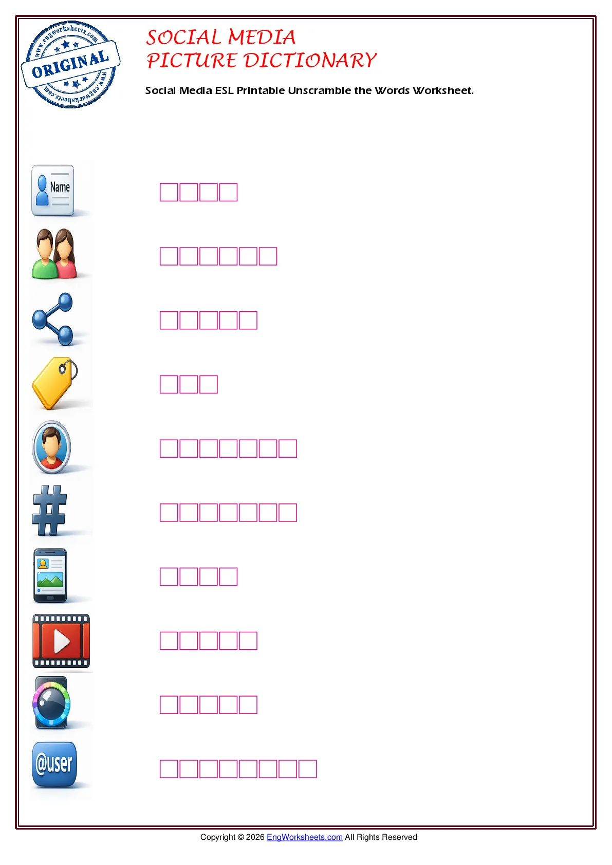 Social Media ESL Printable Unscramble the Words Worksheet. Worksheet Preview