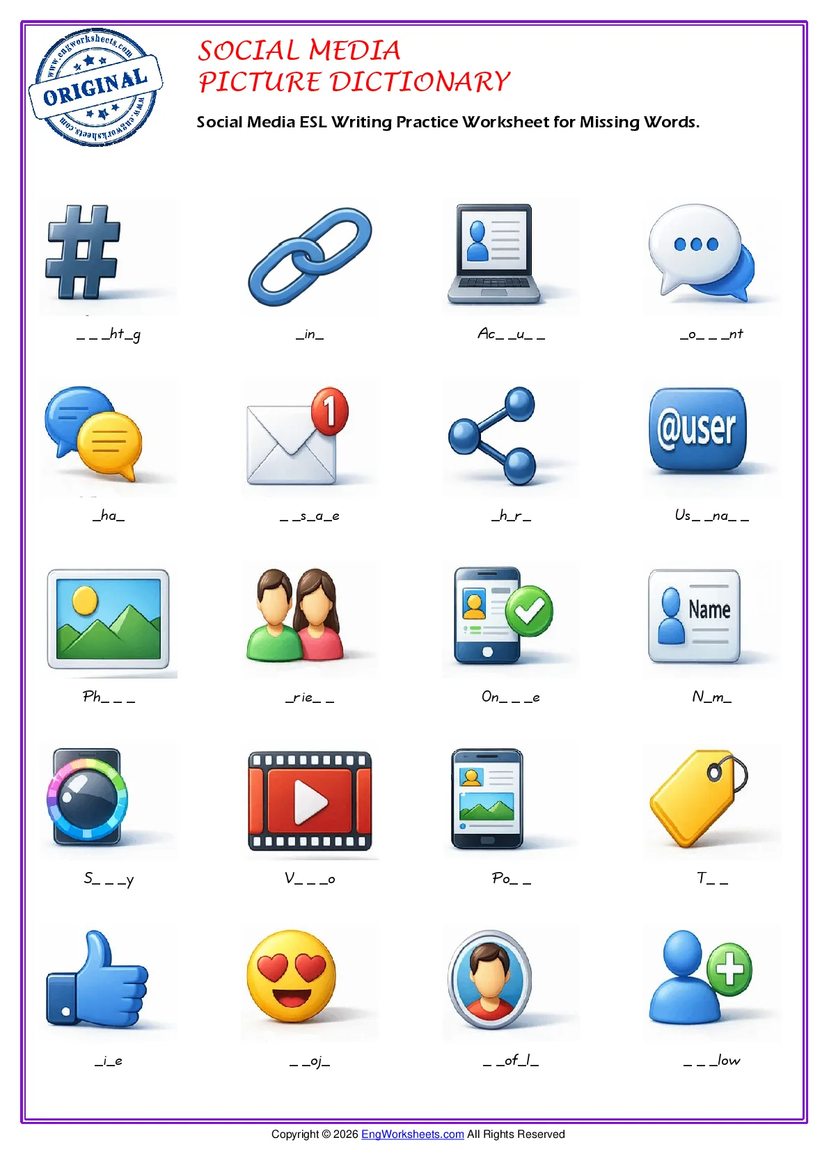 Social Media ESL Writing Practice Worksheet for Missing Words. Worksheet Preview