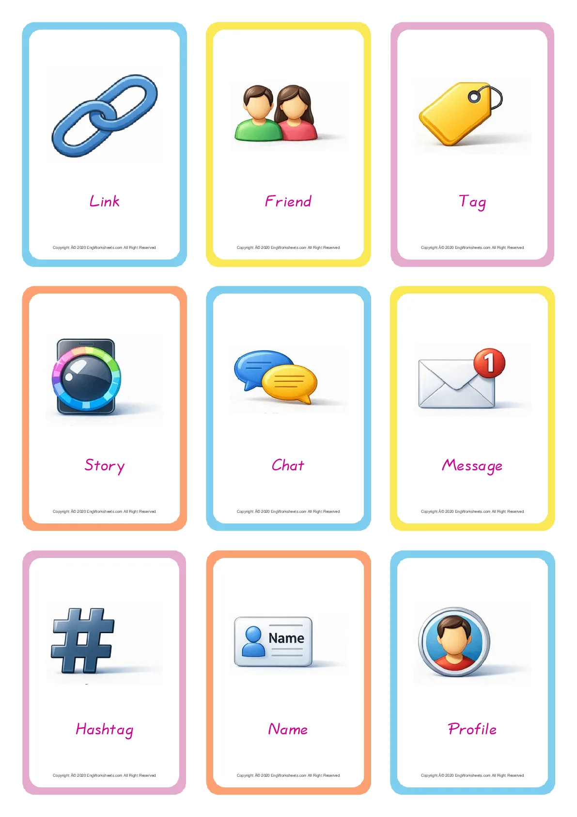 Social Media vocabulary worksheet with words, nine images per page Worksheet Preview