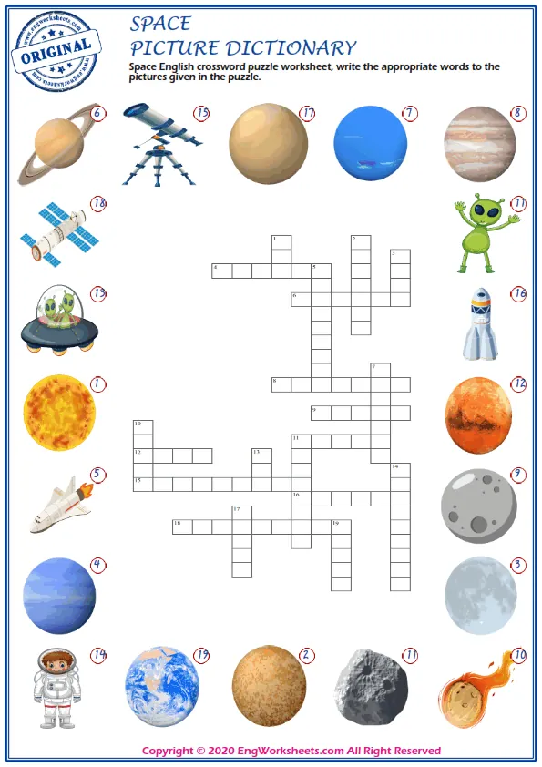 Space English crossword puzzle worksheet, write the appropriate words to the pictures given in the puzzle. Worksheet Preview