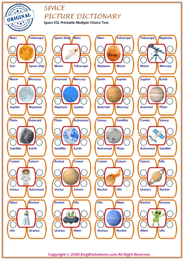 Space ESL Printable Multiple Choice Test. Worksheet Preview