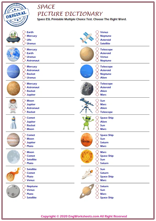 Space ESL Printable Multiple Choice Test. Choose The Right Word. Worksheet Preview