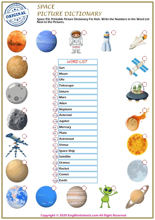 Space ESL Printable Picture Dictionary For Kids. Write the Numbers in the Word List Next to the Pictures. Worksheet Preview