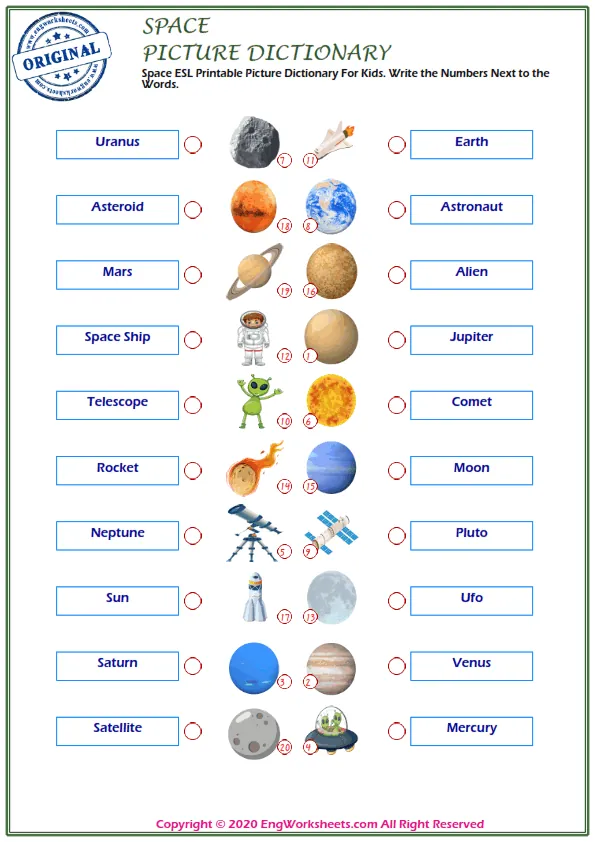 Space ESL Printable Picture Dictionary For Kids. Write the Numbers Next to the Words. Worksheet Preview