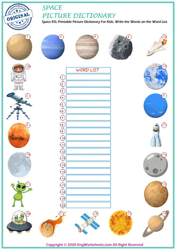 Space ESL Printable Picture Dictionary For Kids. Write the Words on the Word List. Worksheet Preview