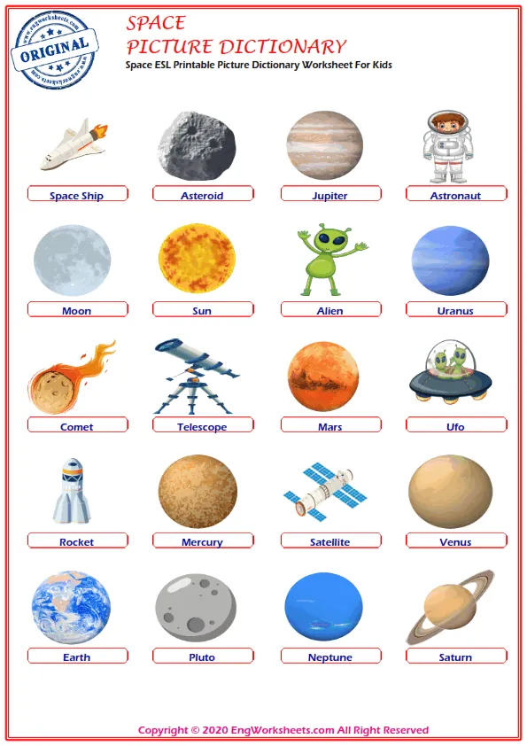 Space ESL Printable Picture Dictionary Worksheet For Kids Worksheet Preview