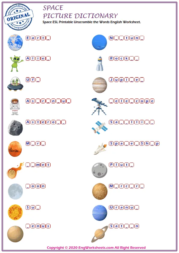 Space ESL Printable Unscramble the Words English Worksheet.