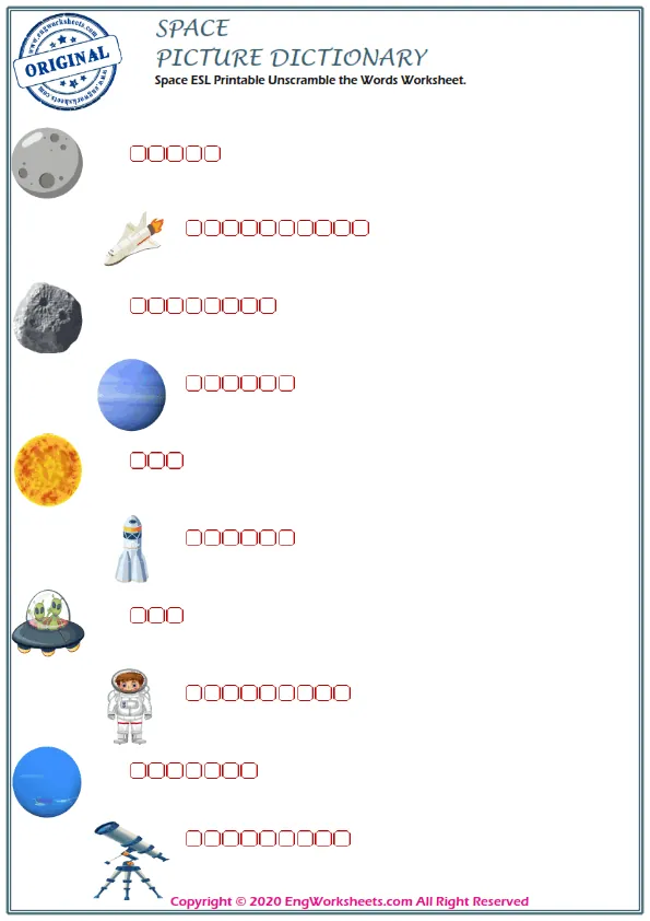 Space ESL Printable Unscramble the Words Worksheet. Worksheet Preview