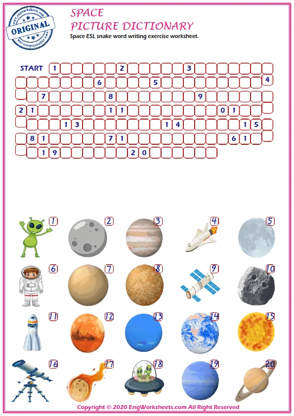 Space ESL snake word writing exercise worksheet. Worksheet Preview