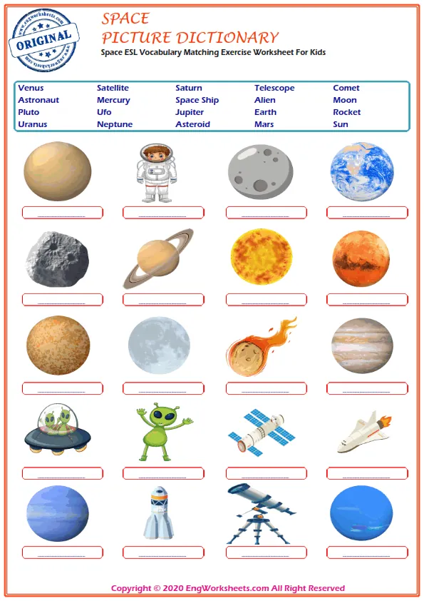 Space ESL Vocabulary Matching Exercise Worksheet For Kids