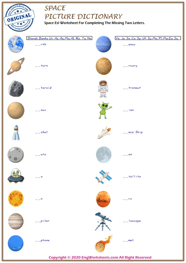 Space Esl Worksheet For Completing The Missing Two Letters. Worksheet Preview