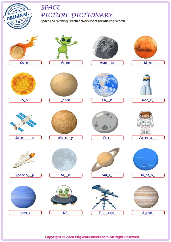 Space ESL Writing Practice Worksheet for Missing Words.