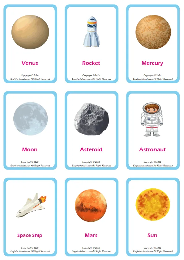 Space vocabulary worksheet with words, nine images per page Worksheet Preview