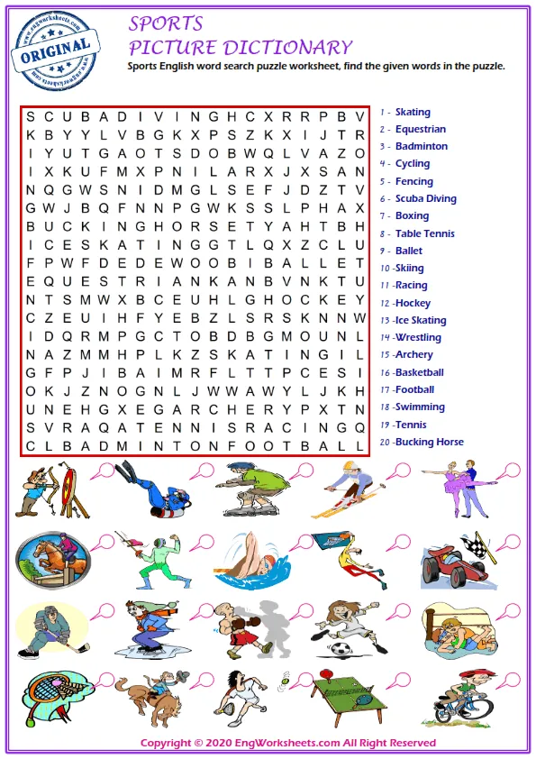 Sports English word search puzzle worksheet, find the given words in the puzzle. Worksheet Preview