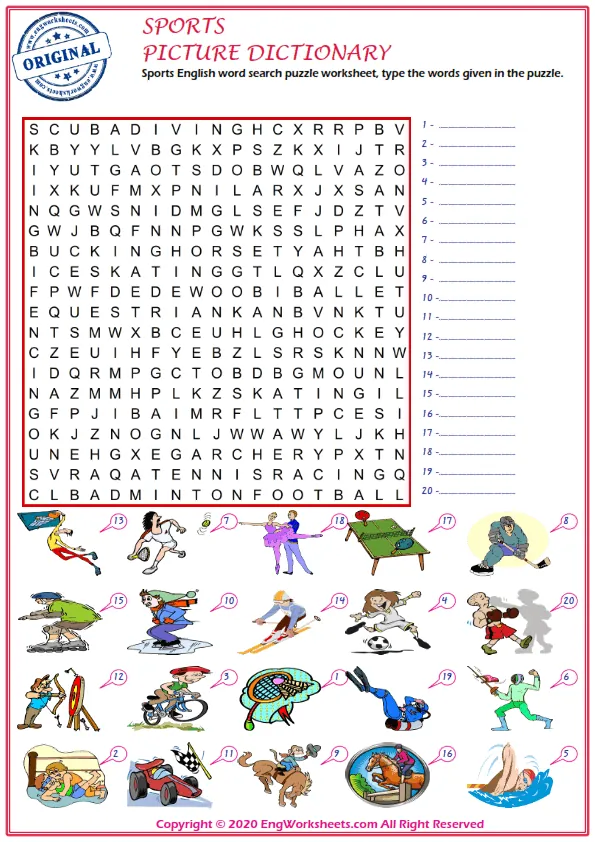 Sports English word search puzzle worksheet, type the words given in the puzzle. Worksheet Preview