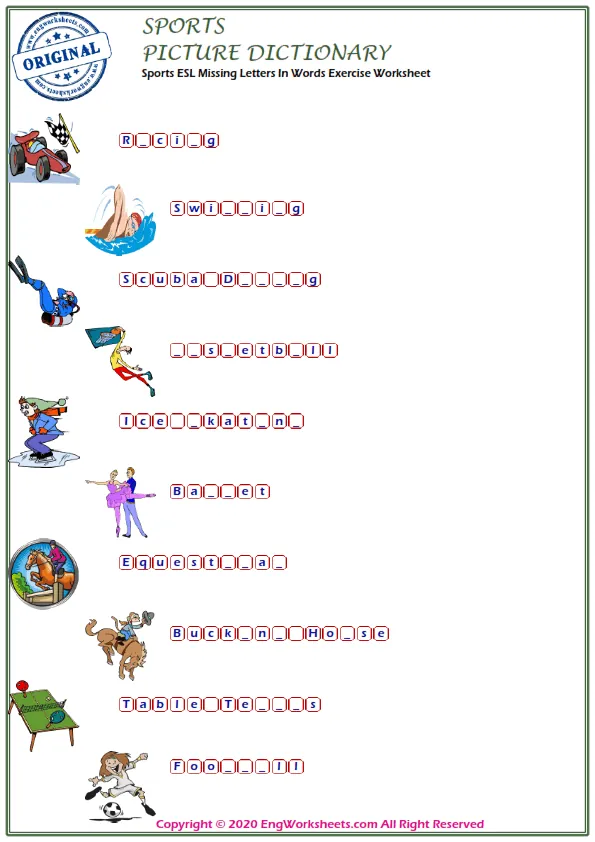 Sports ESL Missing Letters In Words Exercise Worksheet Worksheet Preview