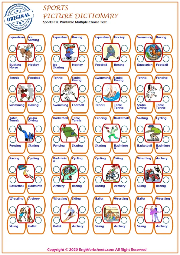 Sports ESL Printable Multiple Choice Test. Worksheet Preview