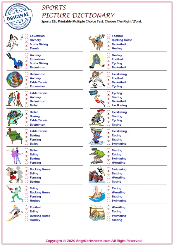 Sports ESL Printable Multiple Choice Test. Choose The Right Word. Worksheet Preview