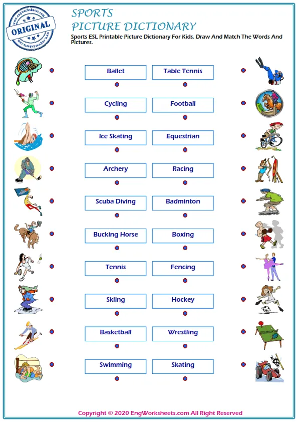Sports ESL Printable Picture Dictionary For Kids. Draw And Match The Words And Pictures. Worksheet Preview