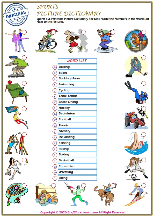 Sports ESL Printable Picture Dictionary For Kids. Write the Numbers in the Word List Next to the Pictures. Worksheet Preview