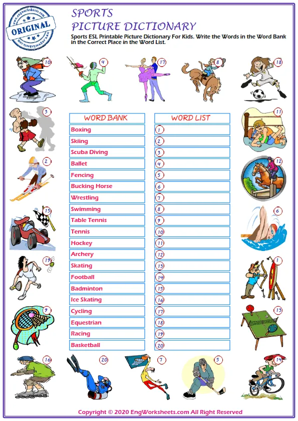 Sports ESL Printable Picture Dictionary For Kids. Write the Words in the Word Bank in the Correct Place in the Word List. Worksheet Preview