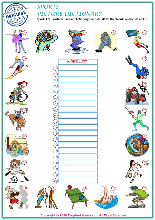 Sports ESL Printable Picture Dictionary For Kids. Write the Words on the Word List. Worksheet Preview