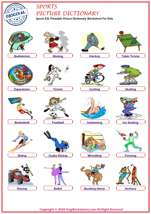 Sports ESL Printable Picture Dictionary Worksheet For Kids Worksheet Preview