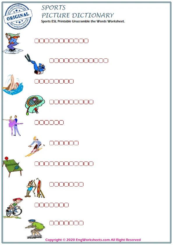 Sports ESL Printable Unscramble the Words Worksheet. Worksheet Preview