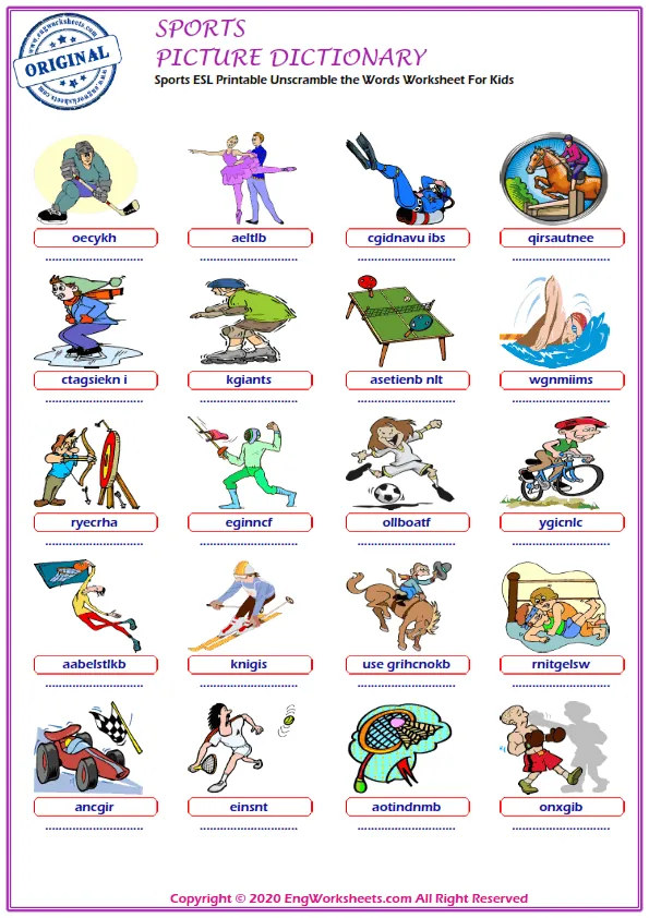 Sports ESL Printable Unscramble the Words Worksheet For Kids Worksheet Preview