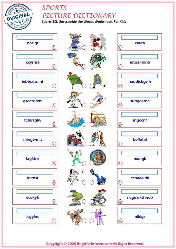 Sports ESL Unscramble the Words Worksheets For Kids Worksheet Preview