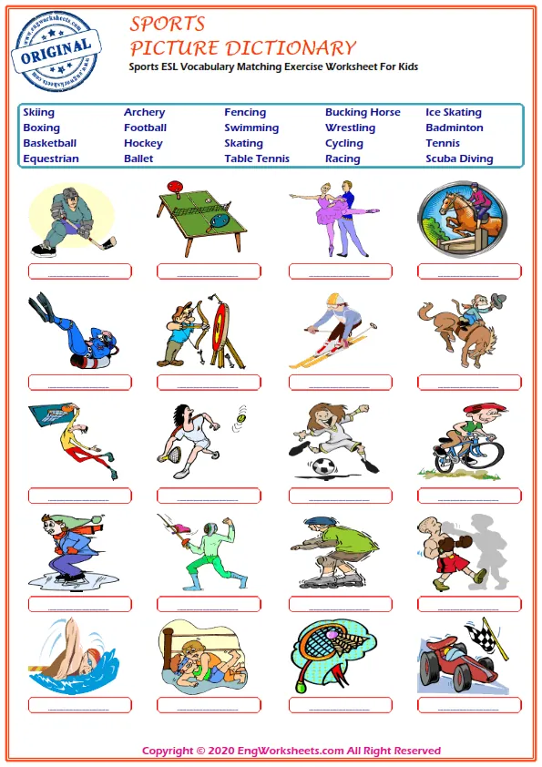 Sports ESL Vocabulary Matching Exercise Worksheet For Kids Worksheet Preview