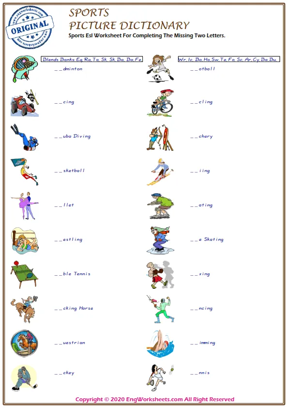 Sports Esl Worksheet For Completing The Missing Two Letters. Worksheet Preview