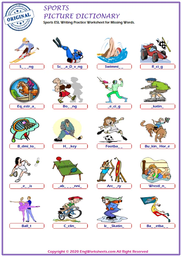 Sports ESL Writing Practice Worksheet for Missing Words.