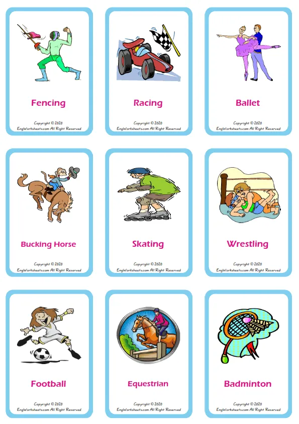 Sports vocabulary worksheet with words, nine images per page Worksheet Preview