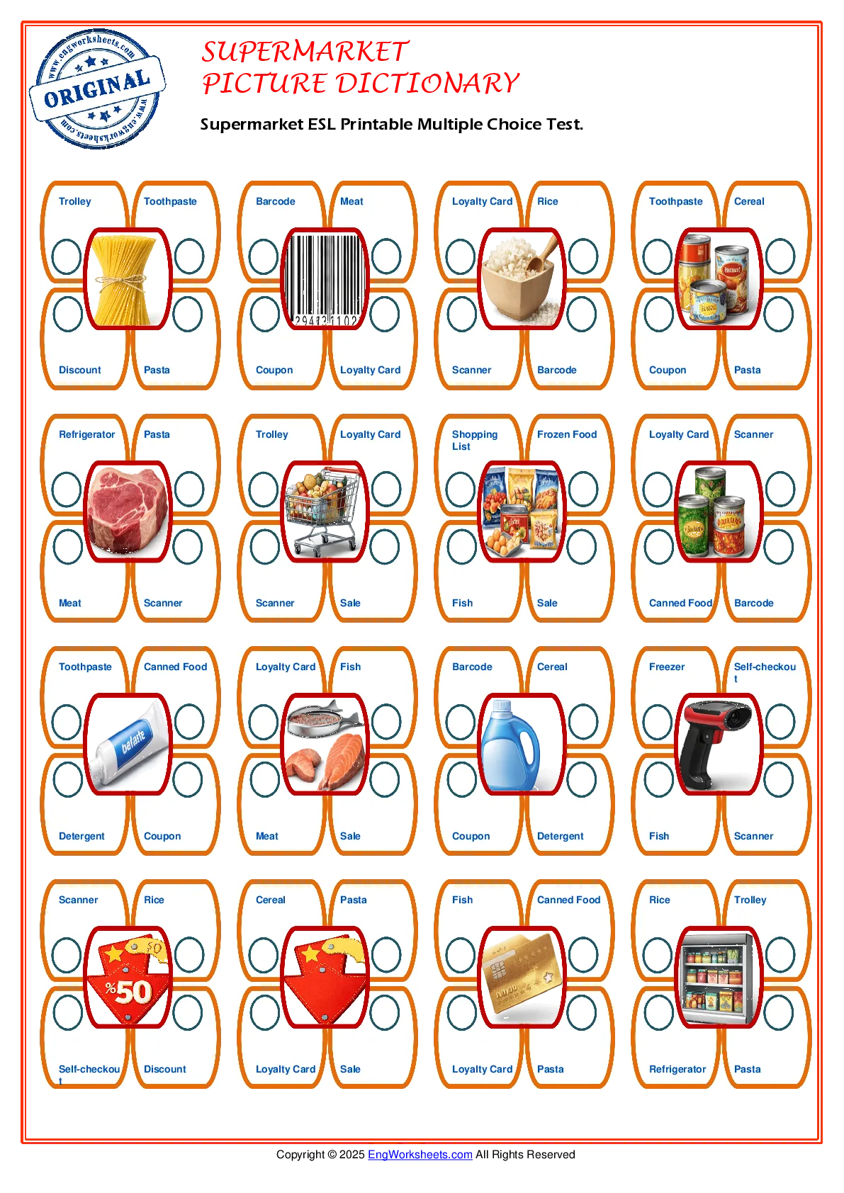 Supermarket ESL Printable Multiple Choice Test. Worksheet Preview