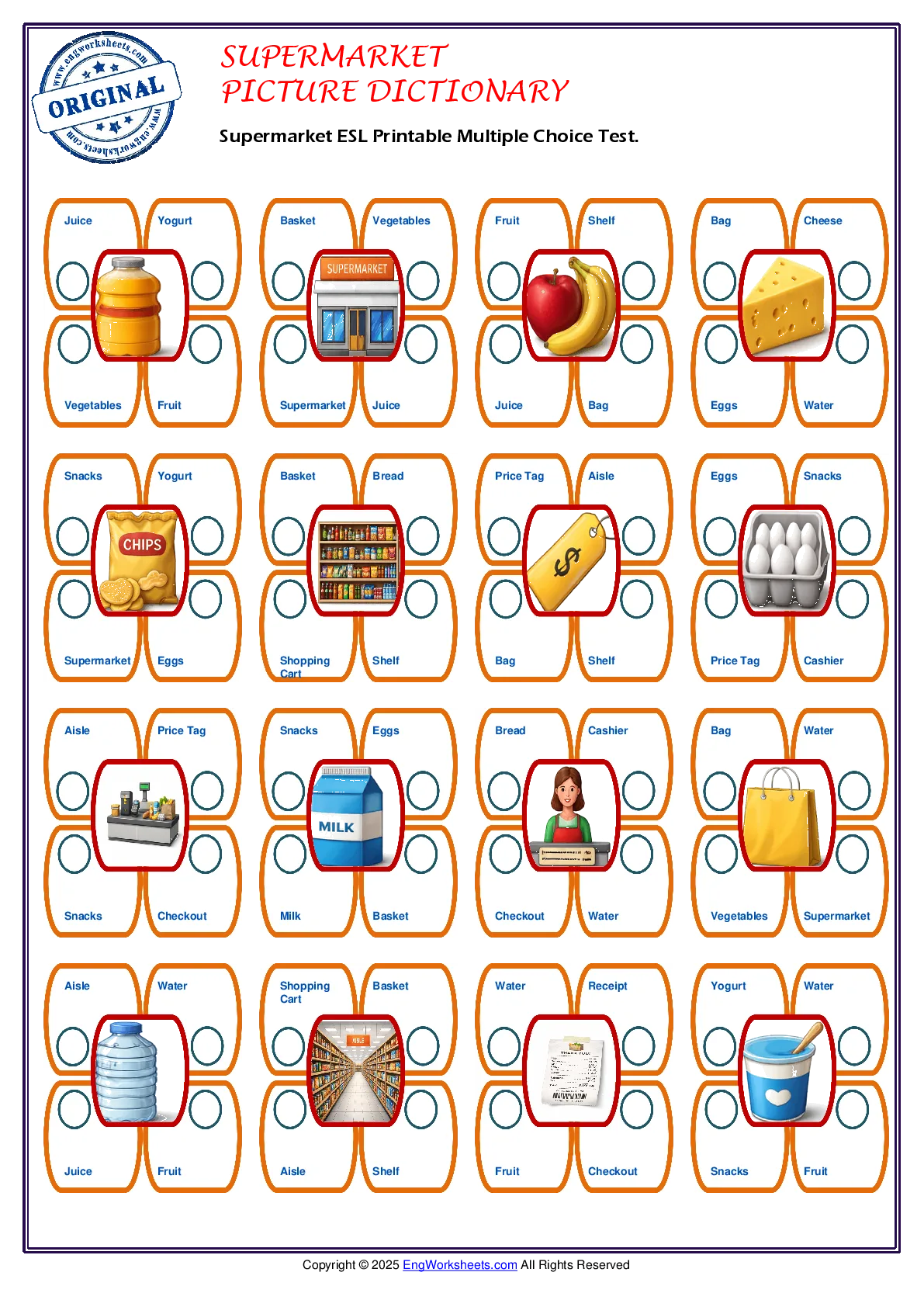 Supermarket ESL Printable Multiple Choice Test. Worksheet Preview