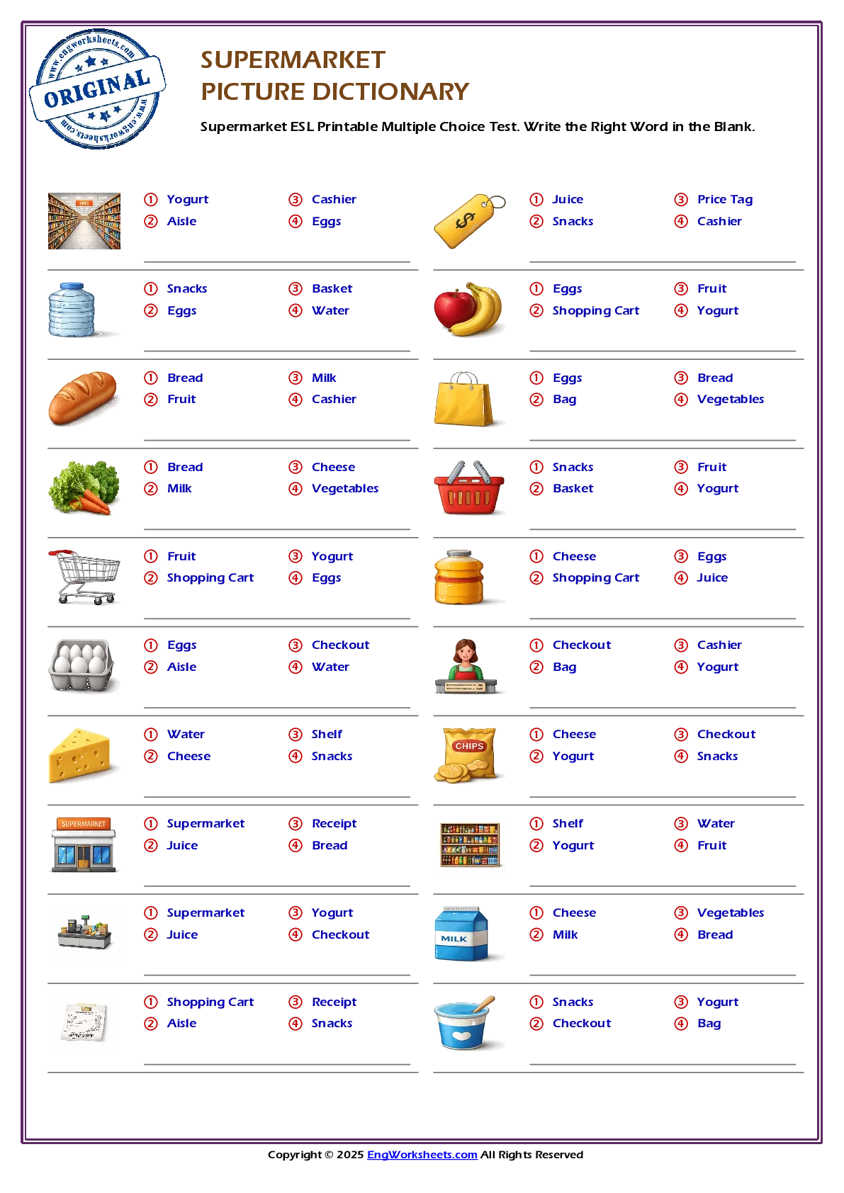Supermarket ESL Printable Multiple Choice Test. Write the Right Word in the Blank. Worksheet Preview
