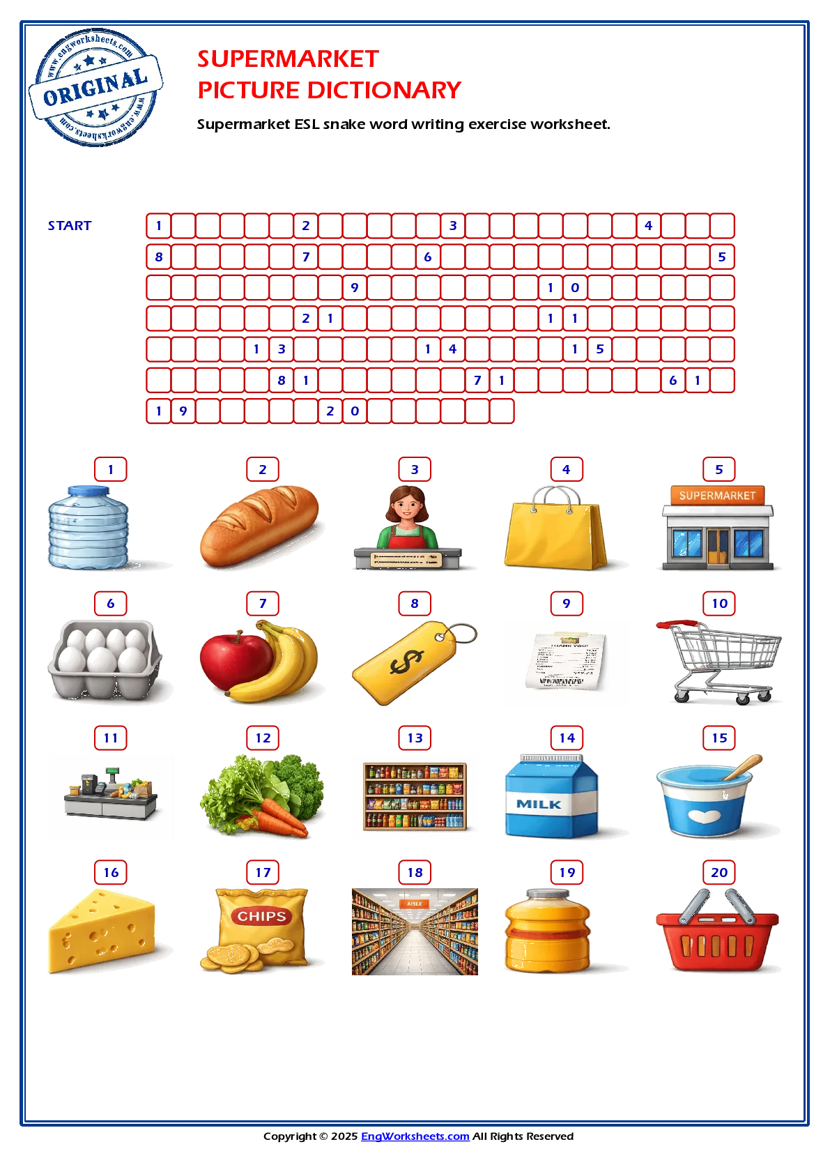 Supermarket ESL snake word writing exercise worksheet. Worksheet Preview