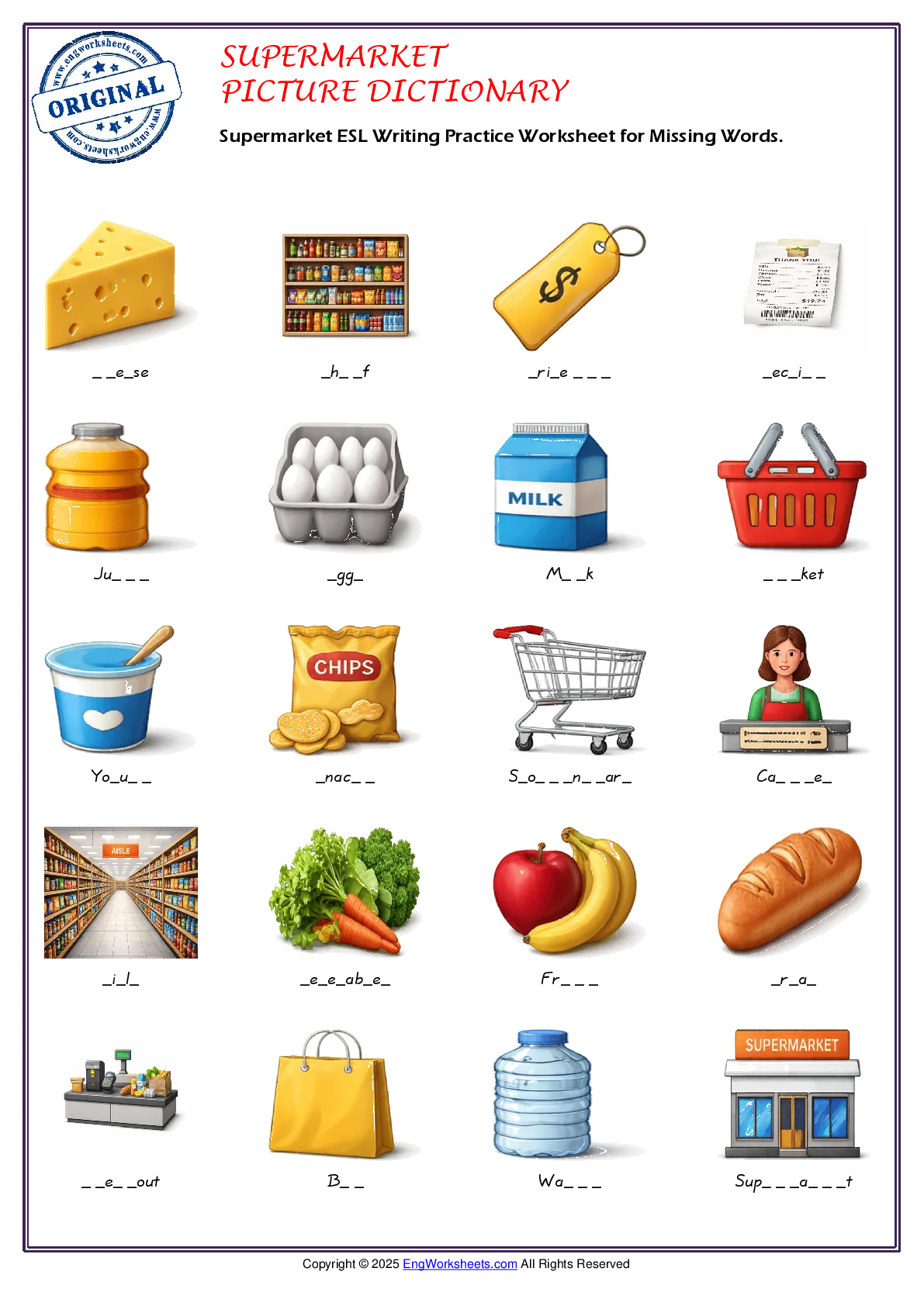 Supermarket ESL Writing Practice Worksheet for Missing Words. Worksheet Preview